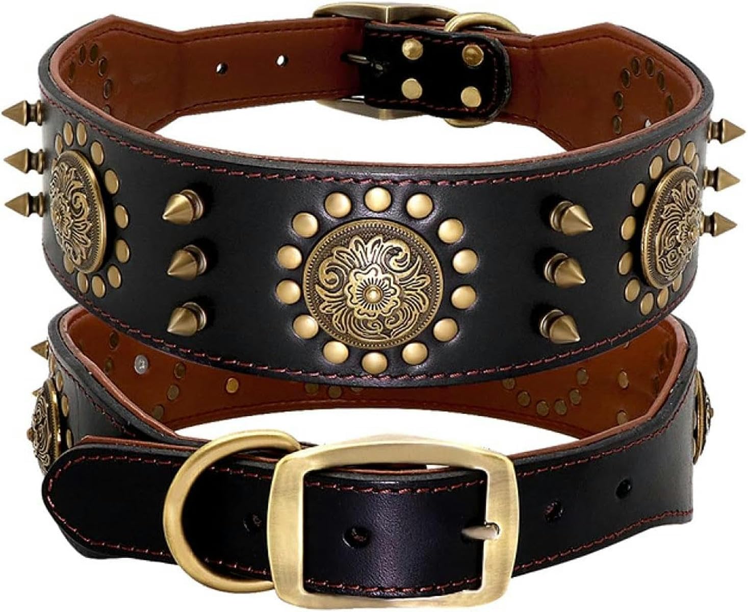 Hundehalsband aus Leder, Cooles, mit Spikes besetztes Hundehalsband, verstellbar für mittelgroße und große Hunde, L/XL, Schwarz, L