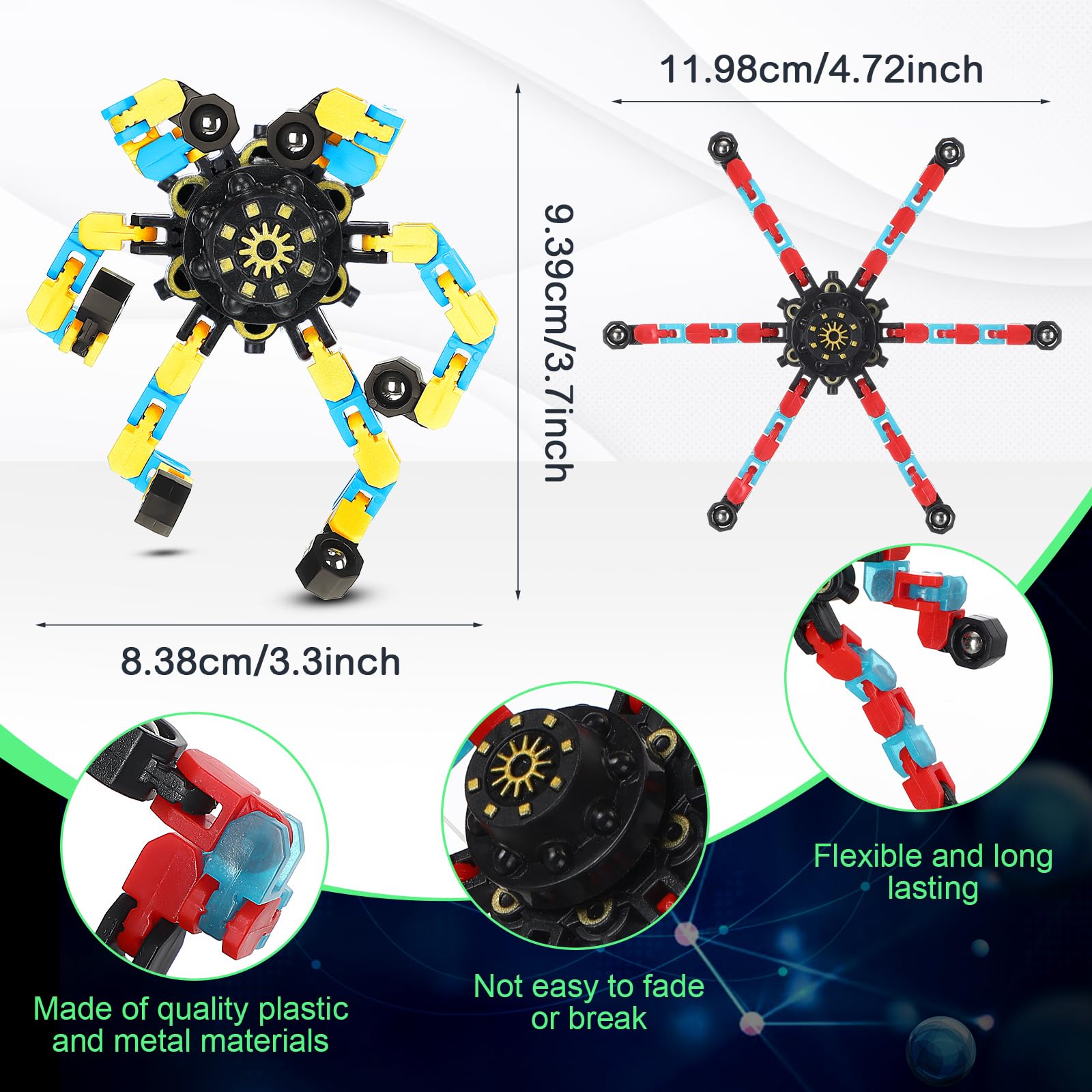 100 Pcs Funny Sensory Fidget Toy Bulk Transformable Chain Robot Finger Toys Fidget Spinners Stress Relief Fingertip Gyro Deformable Mechanical Spiral Twister Spinner Toy for Adult Kids ADHD (Glow)