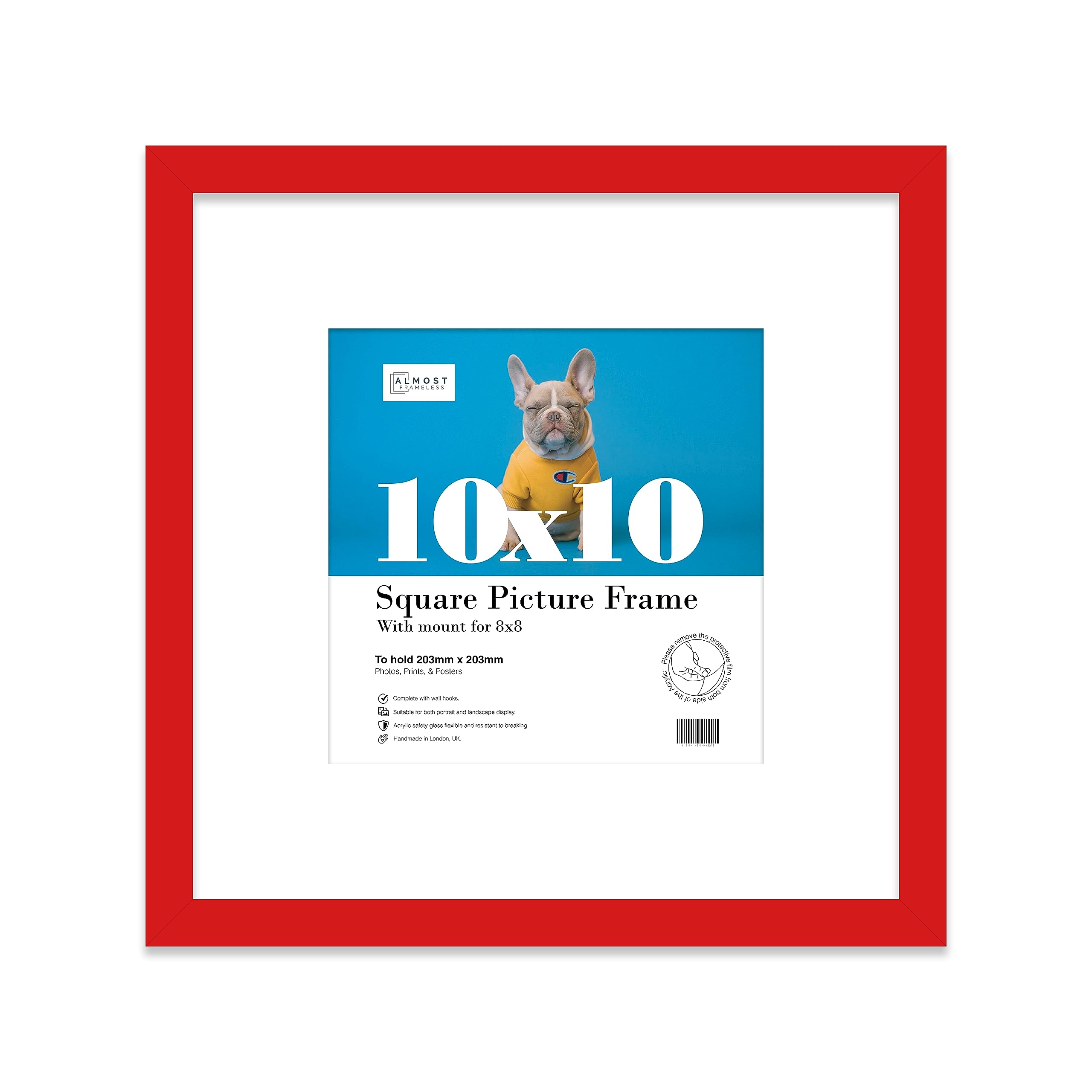 Almost Frameless Red 10X10 Picture Frame With Mount For 8X8 Photos, Prints - Modern Square Wall Frame, 1 Pack