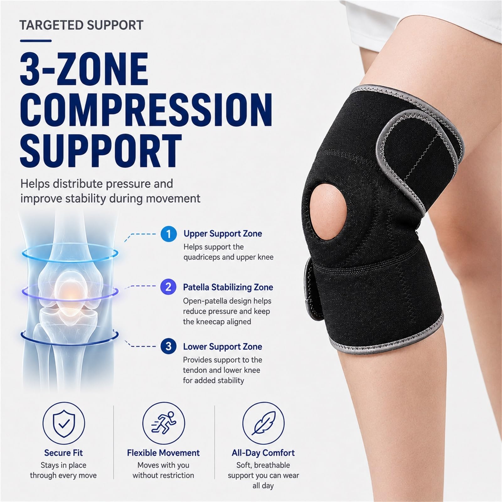 Kniebandage mit offener Patellastabilisierung zur Linderung von Meniskusrissen und Arthritissymptomen. Verstellbare Kompressionsbandage mit Gelpolster für die Rehabilitation nach Sportverletzunge