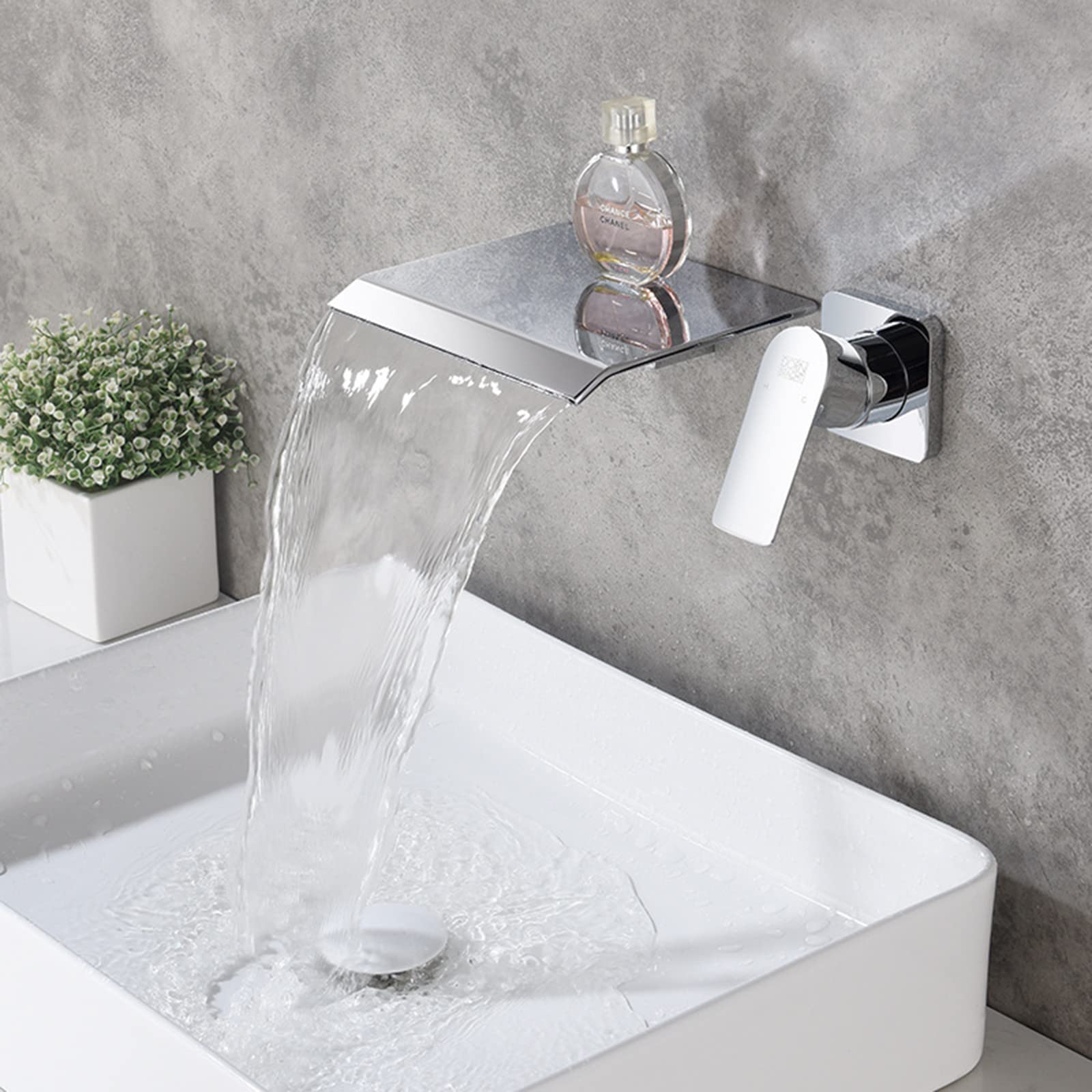 SOHNVWTGD Wall Mounted Basin Taps Slim G1/2 Waterfall Tap 2 Holes Hot and Cold Basin Mixer Tap,Chrome