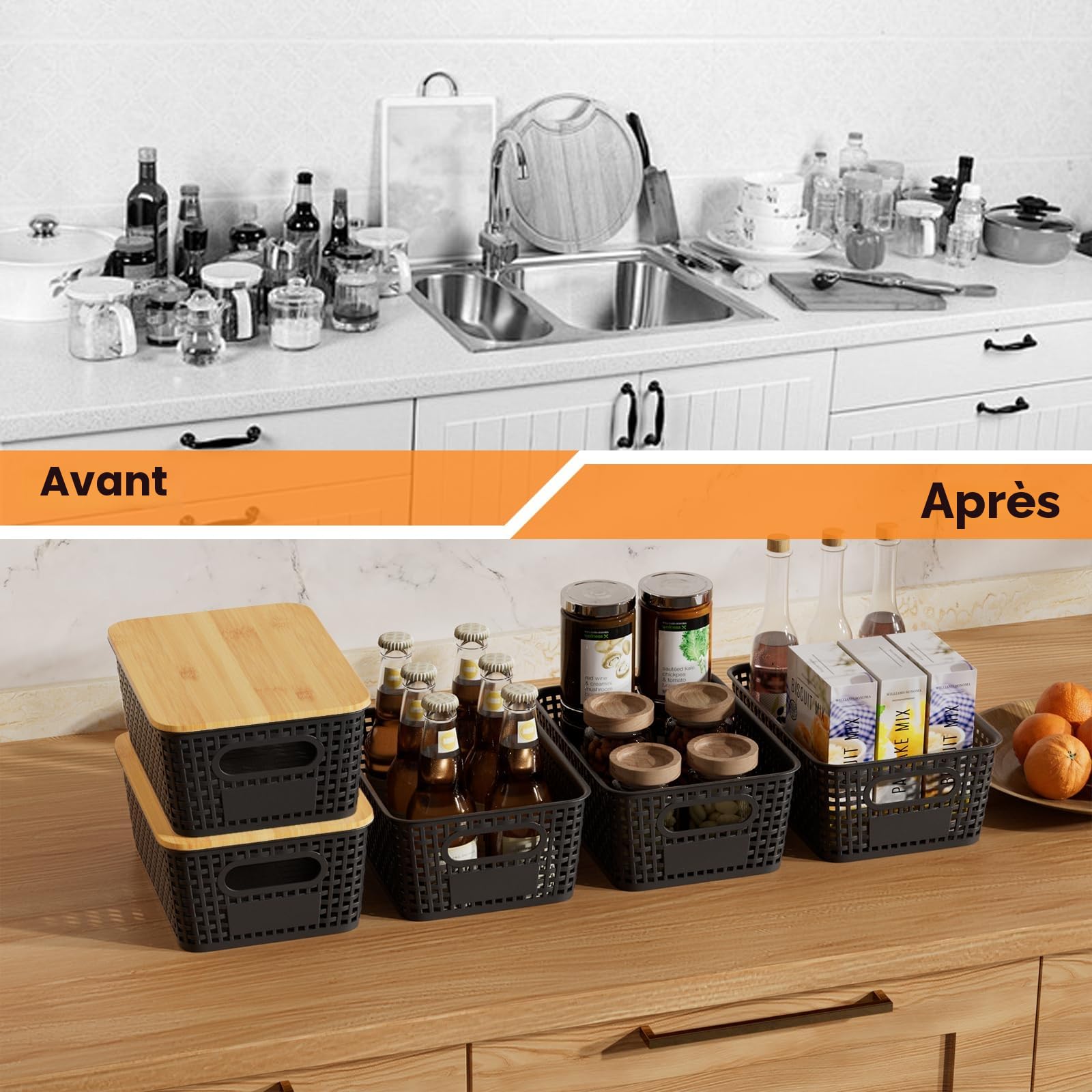 Lot de 6 boîtes de rangement avec couvercles en bambou, boîtes de rangement pour salle de bain, cuisine pour étagères, armoires, placards et maison (Noir, lot de 6-5 L)