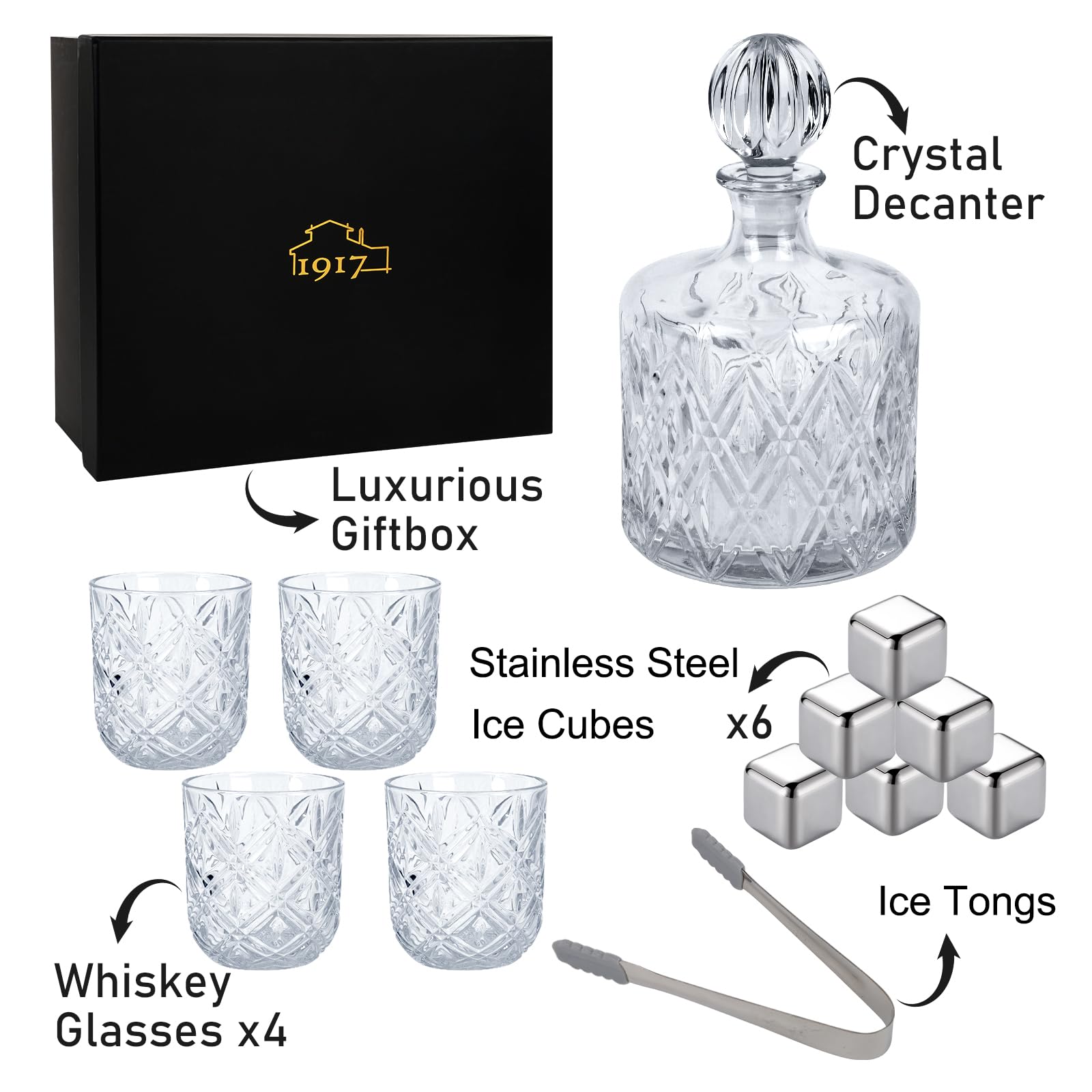 1917 Crystal Whiskey Decanter Set for Men, Premium 37 Oz Decanter with 4 Whiskey Glasses, Whiskey Stones, Tongs - Classic Liquor Decanter for Scotch, Bourbon, Vodka, and More - Perfect for Home Bar