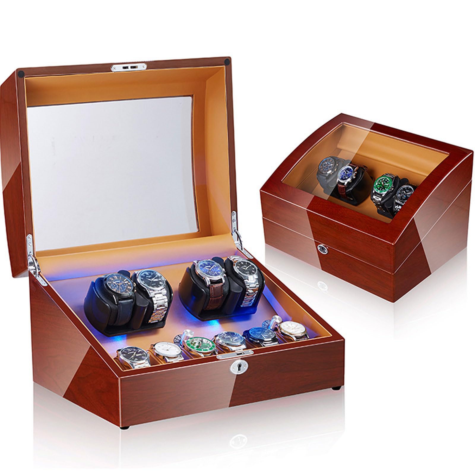 CGCSYZ Watch Winder For Automatic Watches 4 Watch Rotator And 6 Extra Storages,5 Rotating Modes Lockable Automatic Winders LED Backlight,Super Quiet Motor (4+6 Walnut + Inner Brown Leather X)