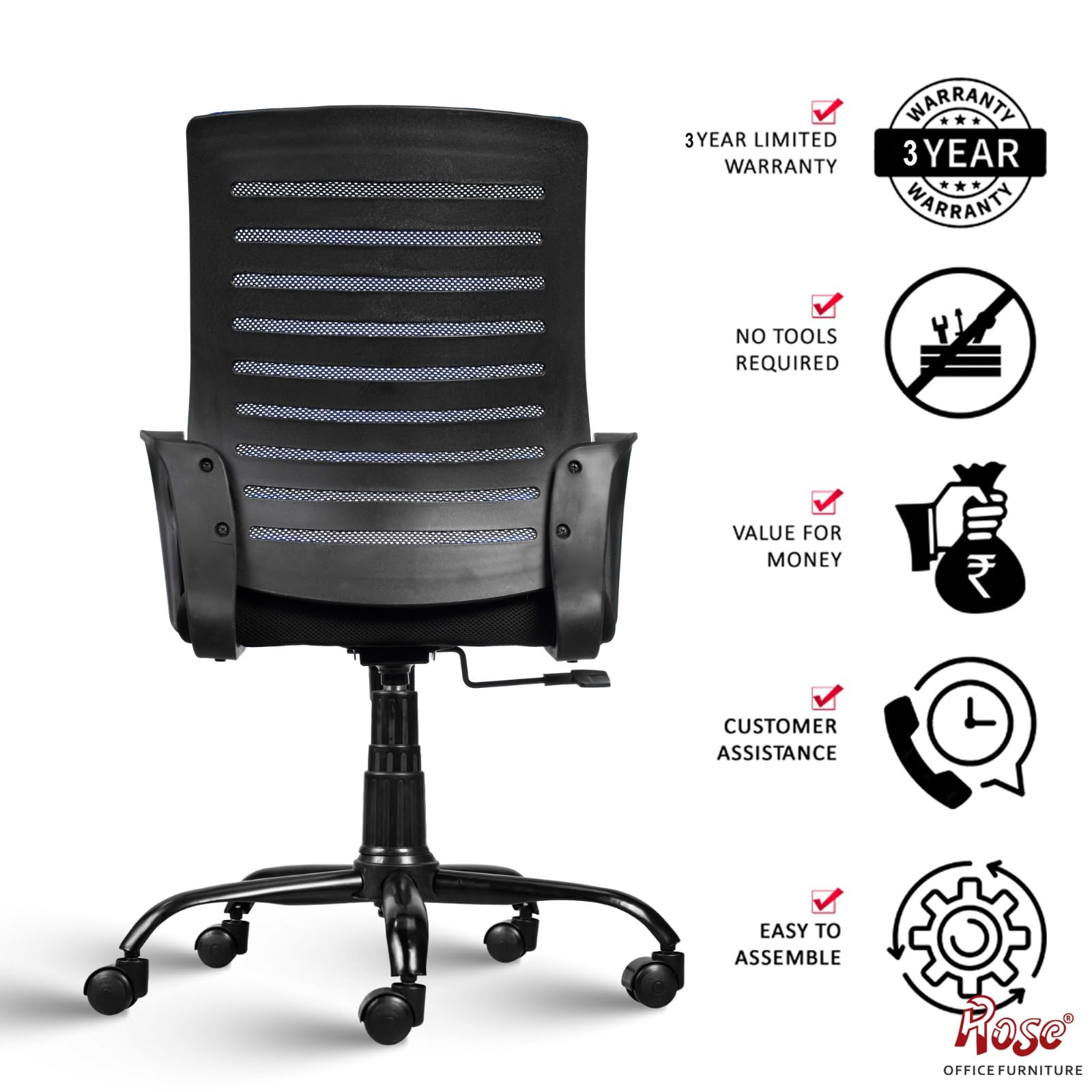 ROSE® Elite | 3 Years Brand Warranty | Ergonomic Office Chair, Study, WFH, Revolving, Rolling, Desk, Task, Laptop, Student Chair (Blue, Elite Classic MB) 4