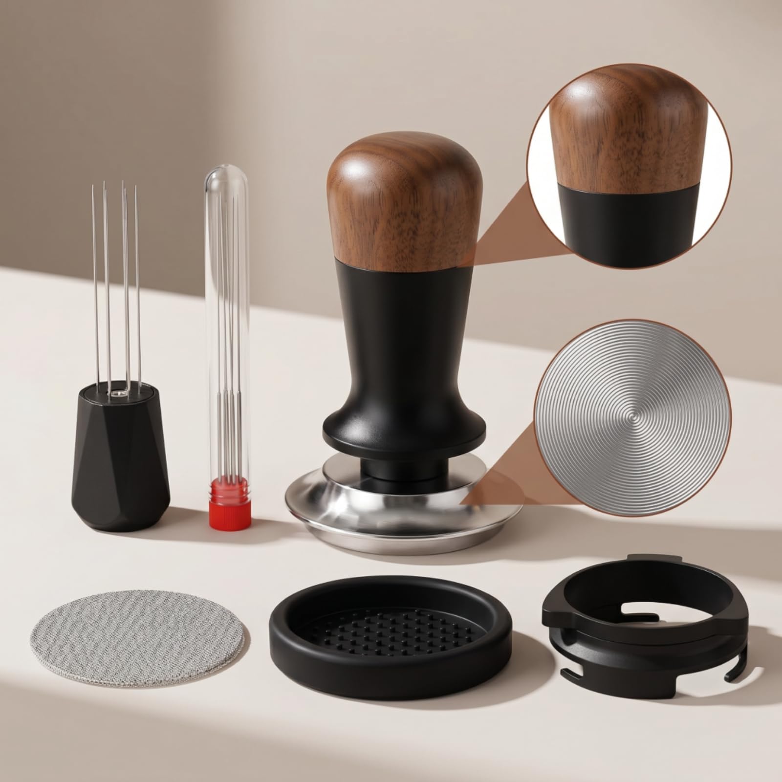 Kit Pressino caffè 5 Pezzi con Utensile Distribuzione Macinato Schermo Rotondo Tappetino Pressa Nero Supporto Dosatore in Acciaio per Estrazione Uniforme Macchina