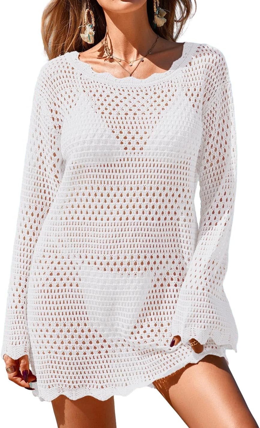 Womens Crochet Knit Swimsuit Coverup Mini Dress Summer 2026 Boat Neck Wavy Trim Beach Bathing Suit Cover Up