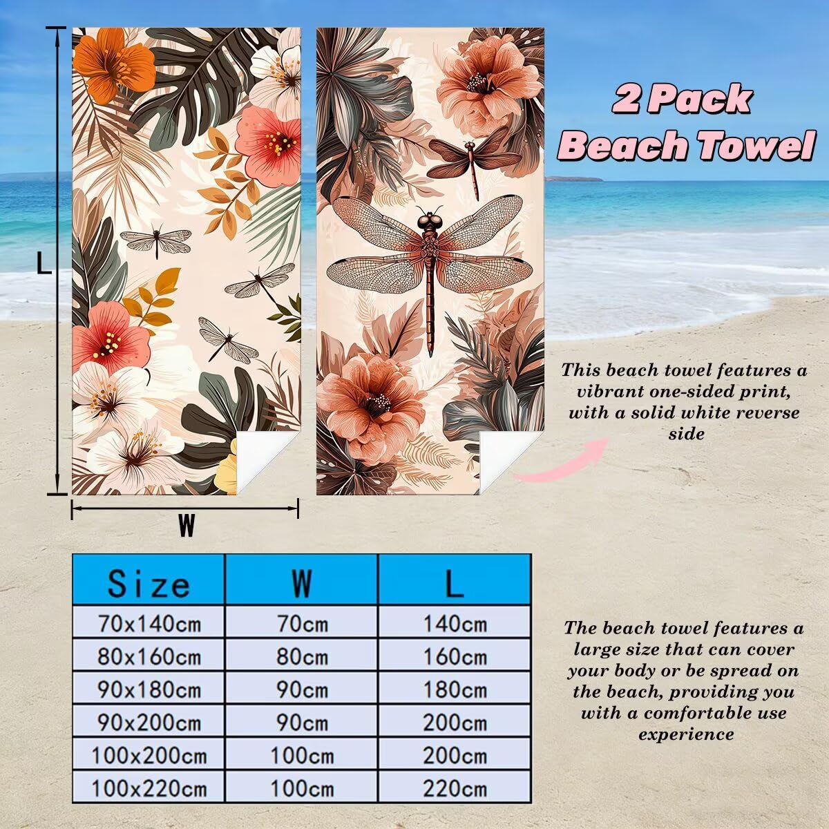Ręcznik plażowy XXL, 100 x 220 cm, zestaw 2 sztuk, bez piasku, ręcznik plażowy, szybkoschnący, sportowy ręcznik do studia fitness, ręcznik do sauny, duży ręcznik plażowy na plażę (ważka) -3836