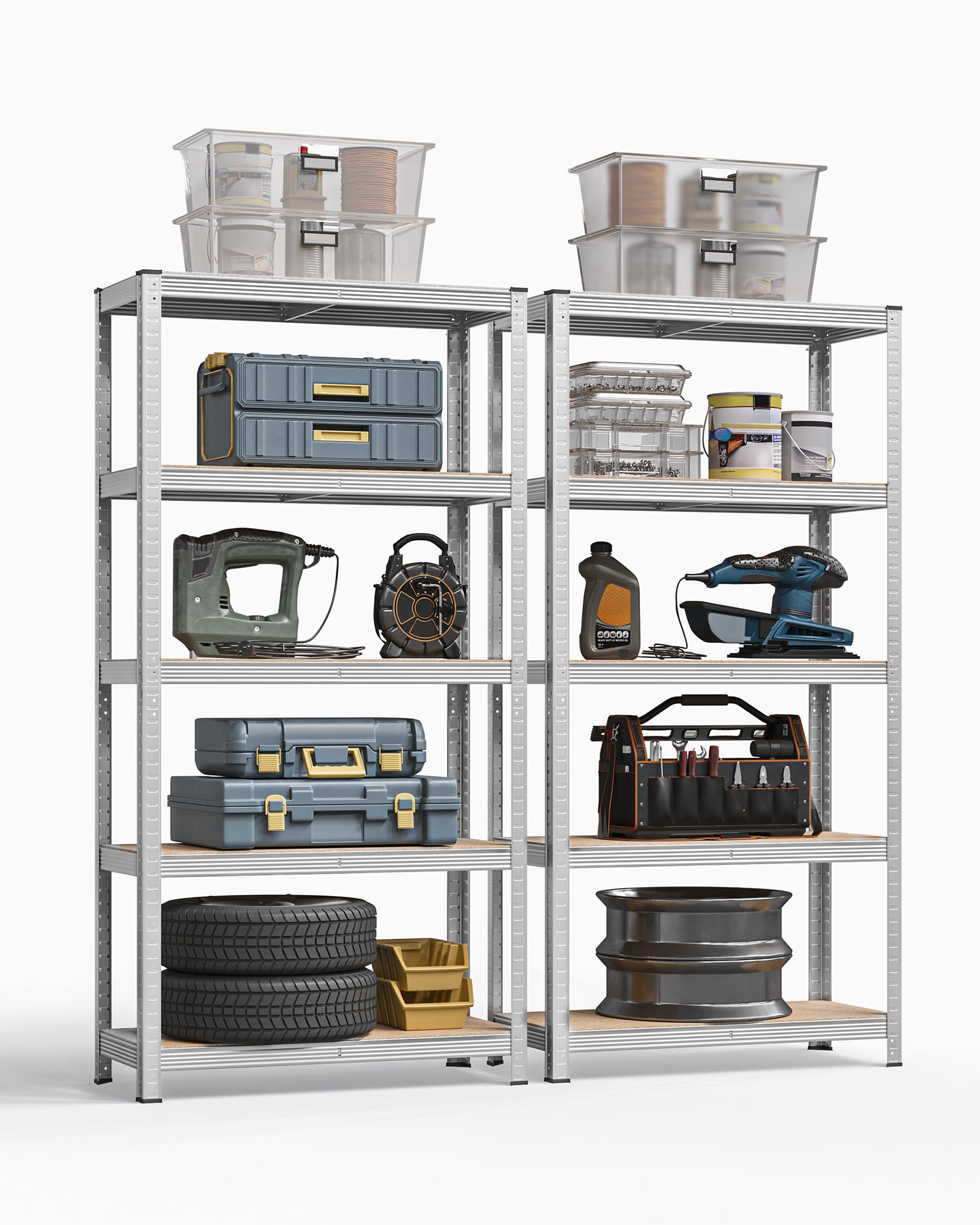 SONGMICS 5-Tier Heavy-Duty Shelving Units, Set of 2 Steel Shelving Units for Storage, Boltless Assembly, for Garage, Shed, Load Capacity 875 kg, 40 x 90 x 180 cm, Silver UGLR040E02