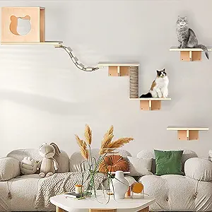 Cat Wall Shelves, Cat Shelves and Perches for Wall, Cat Wall Furniture Set 7 PCS Wall Mounted Cat with 1 Cat Condos House, 4 Cat Wall Shelves, 1 Sisal Cat Scratching Post, 1 Ladder