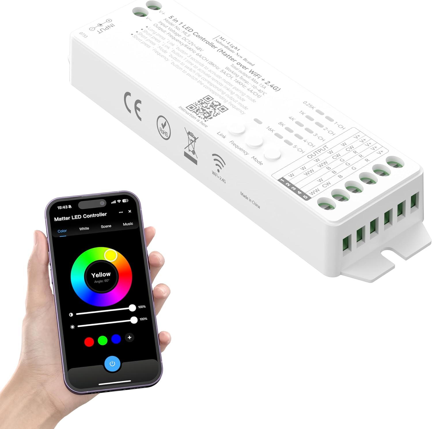MIWISE Matter LED Controller,Dimmable WiFi Controller for LED Strip Light,Compatible with Alexa/Google Assistant/Apple Home/Siri,for Single Color/CCT/RGB/RGBCCT/RGBW COB LED Strip Light,DC12-48V