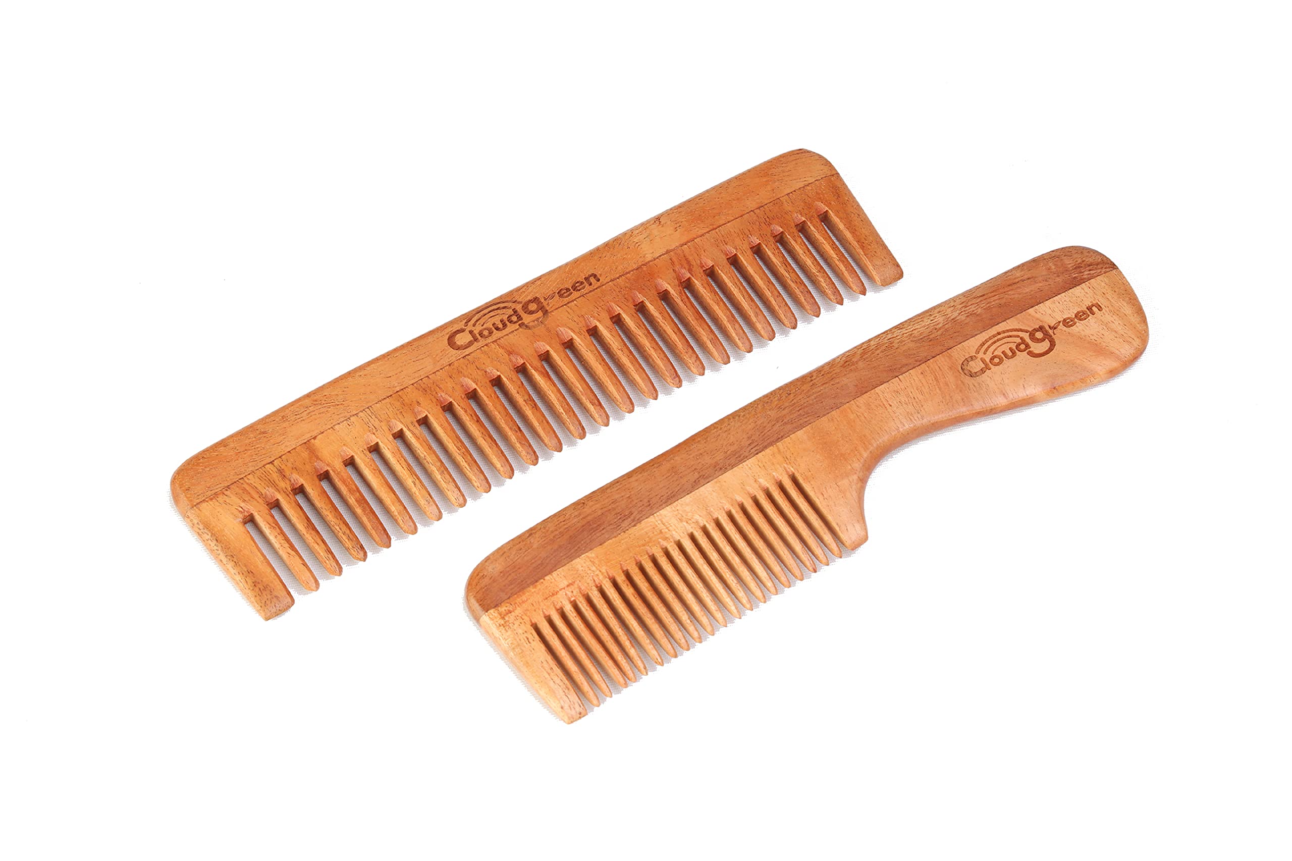 CloudgreenPremium Pure Neem Wood Combs Set of 2 - Wide tooth Detangular|Regular Handle for Strong and Shiny Hair for All hair Types