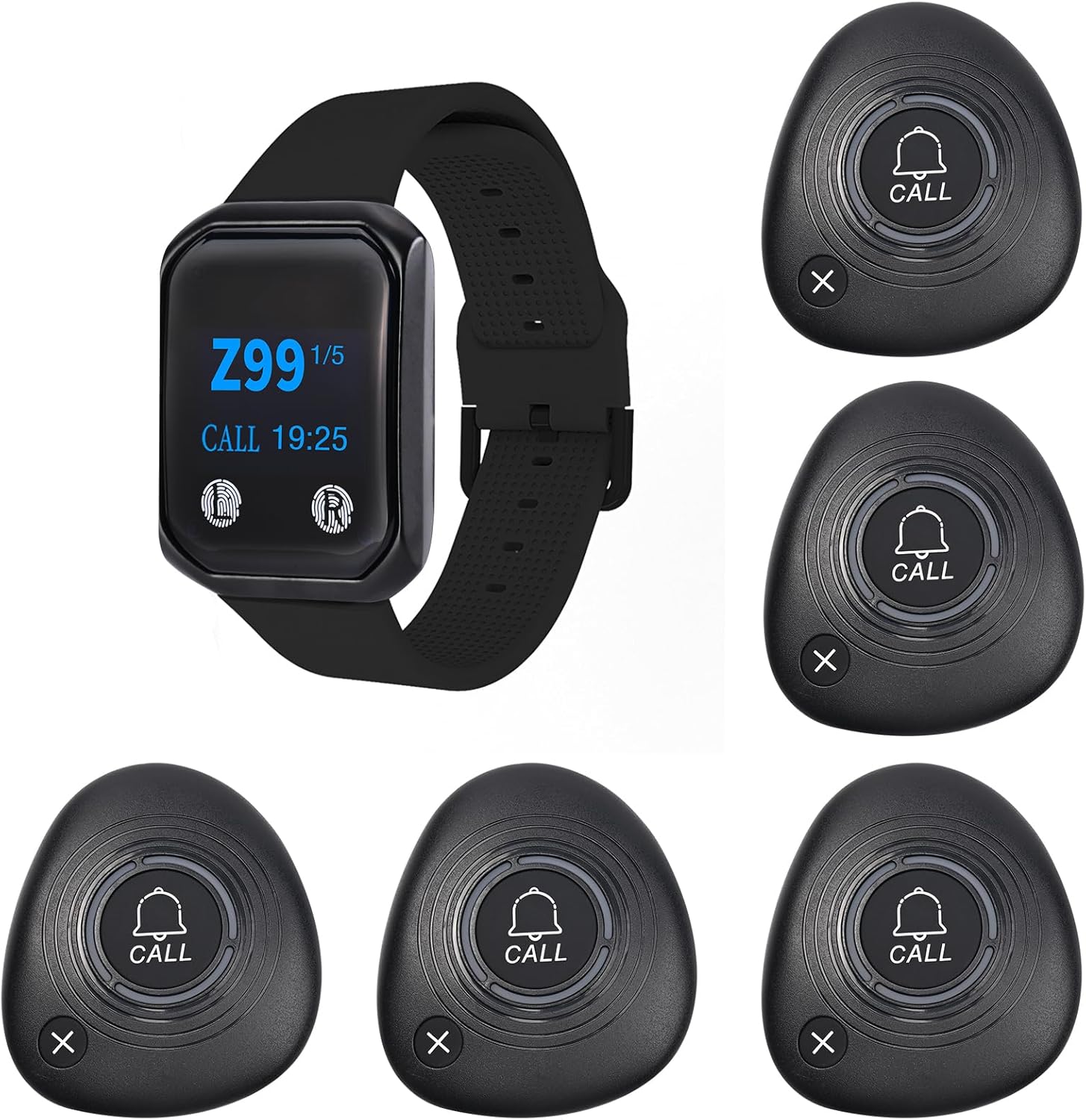 Restaurant Pager System Wireless Calling Pager System with 1 Waterproof Watch Pager and 5 Call Buttons with Cancel Key