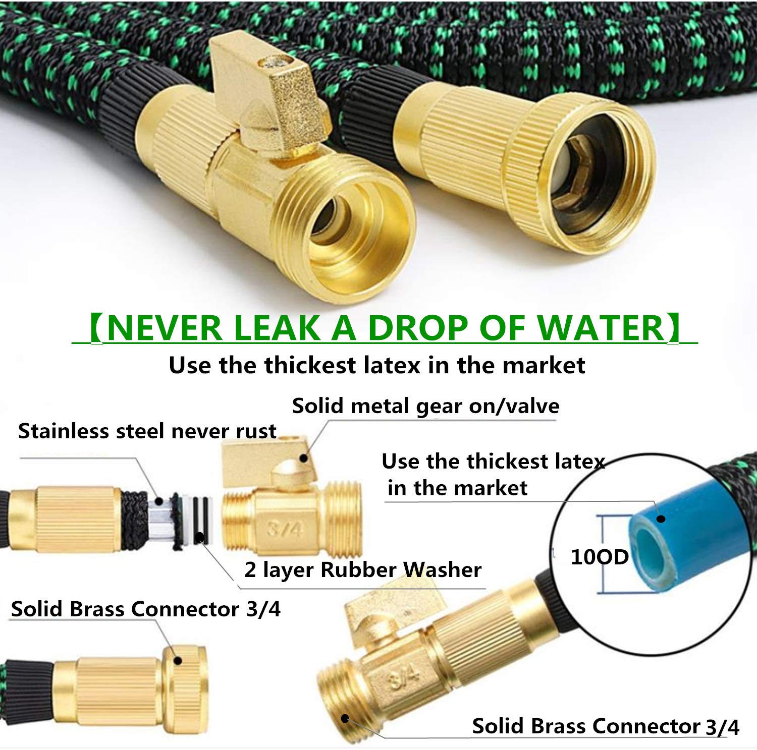 Métal Pistolet Arrosoir, Tuyau d'arrosage Flexible Rétractable, connecteur en Laiton Plein, 9 Fonctions Pistolet, Flexible pour Irrigation, Inclure la vanne d'arrêt（25FT - Contraction 7.6FT）