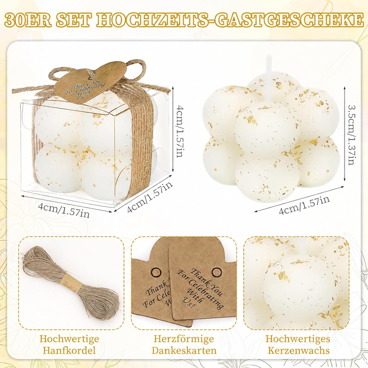Set di 30 candele profumate a bolle con biglietti e fiori secchi – Mini piccole candele fai da te per matrimonio, battesimo, baby shower, compleanno, addio al nubilato, scatole regalo con biglietto di