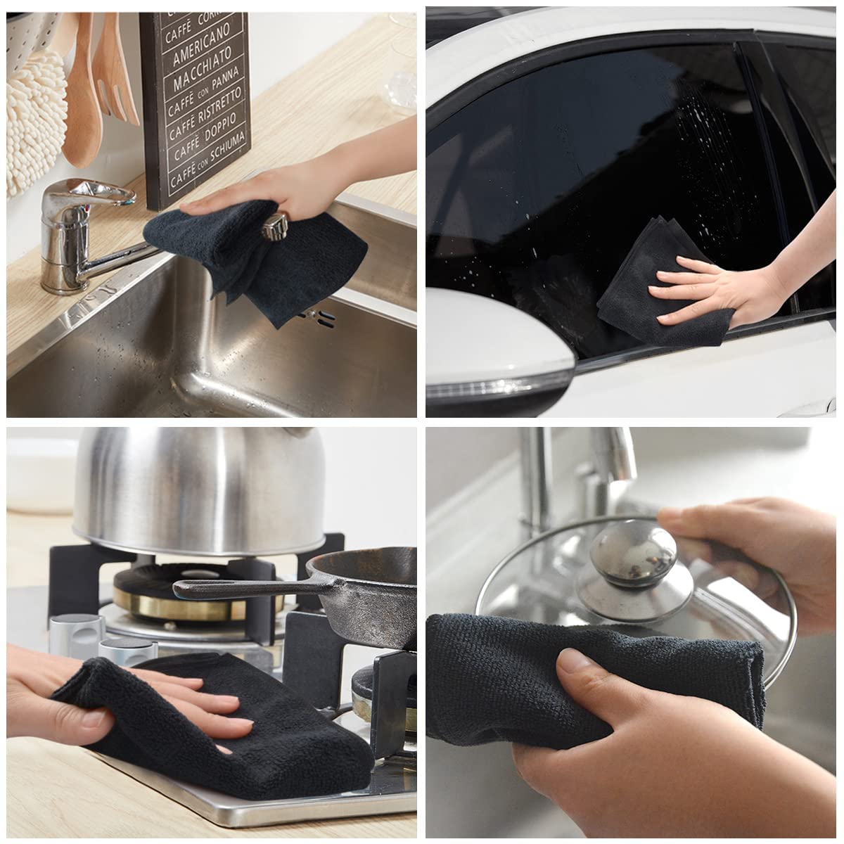 KinHwa panni per la pulizia in microfibra, 10 confezioni di stracci da cucina spessi, super assorbenti e morbidi Panni per la pulizia multiuso, 30cm x 30cm nero