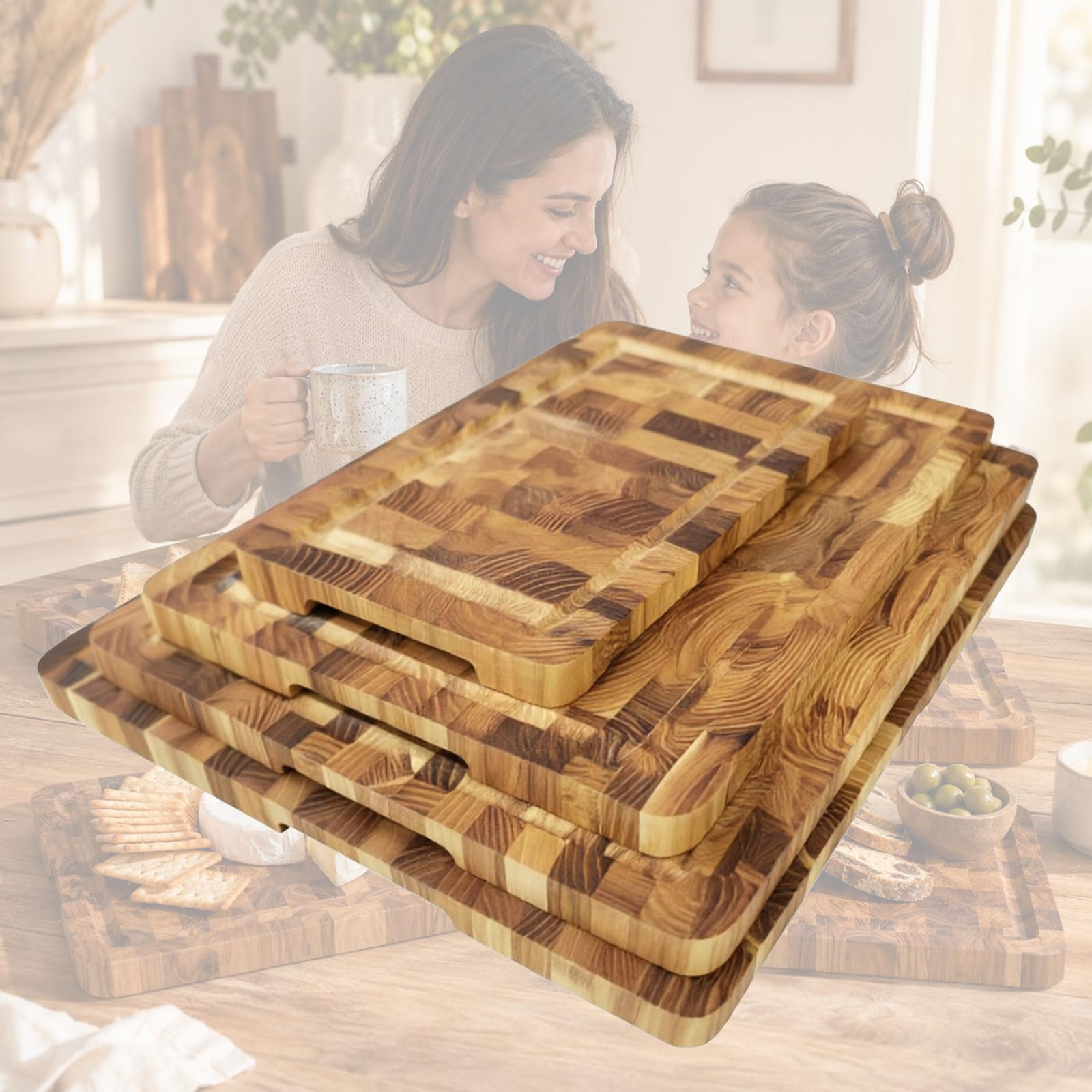 PSKJHN 4 Piece Cutting Boards Set for Kitchens, Kitchen Essentials with Deep Juice Grooves, Wooden Reversible Chopping Board for Cooked Foods, Carving Meat, Fruits And Vegetables - Butchers Block