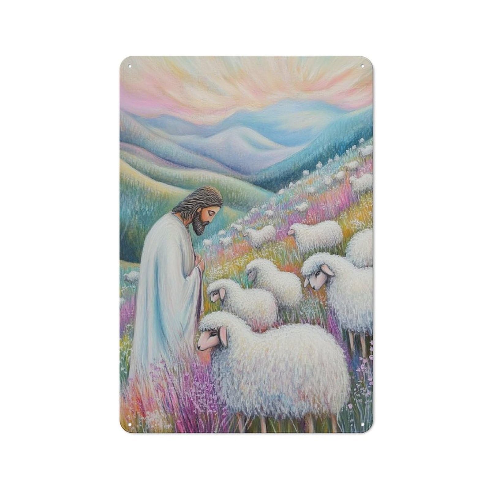 Junmoney Jesus And Lambs Metal Wall Sign 30X20cm Featuring For Garage Wall, For Vintage Wall Decor Fans, For Home Office And Studio Walls