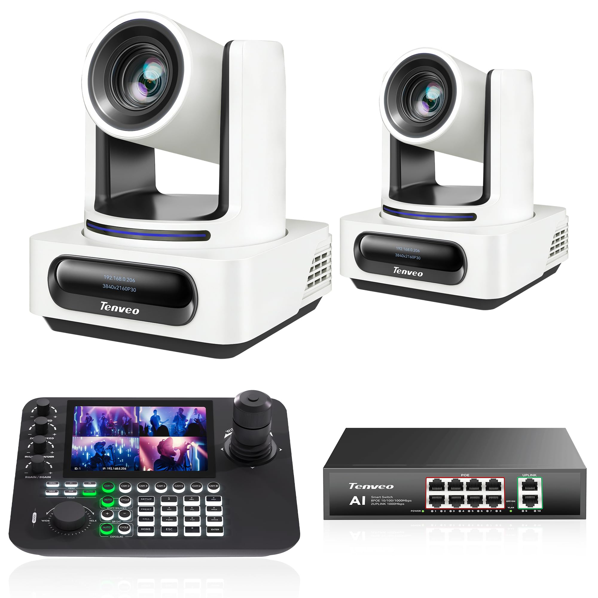 Tenveo Bundle/Kit Telecamera PTZ e Controller 2 Telecamere NDI PTZ 4K con Auto-Tracking AI 20X Zoom, SDI/HDMI/USB3.0/LAN(PoE), Controller Schermo Quadruplo da 7” e Switch PoE per Live Streaming