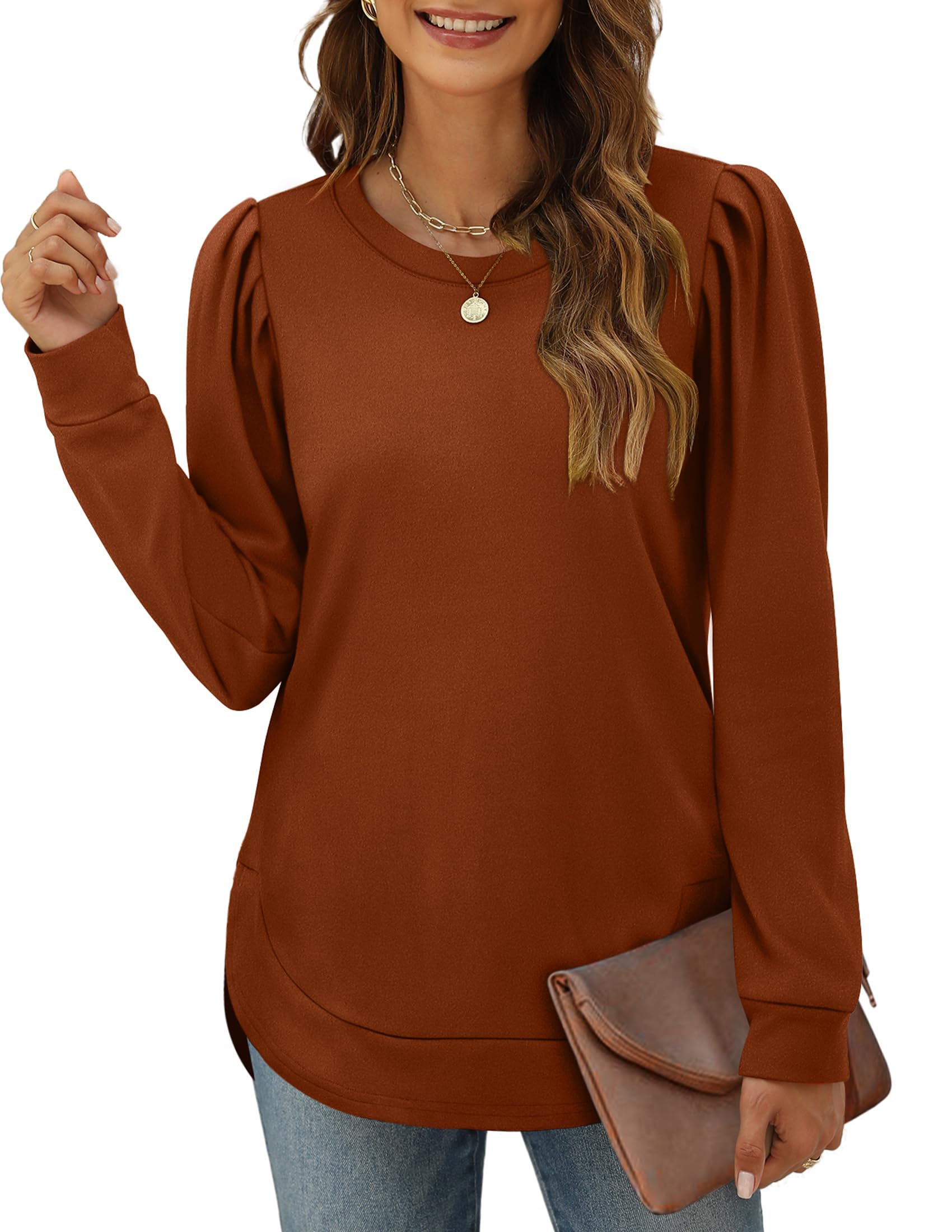 OFEEFANWomen's Pleated Puff Sleeve Sweatshirts Crewneck High Low Tunic Tops Casual Fall Shirts Lightweight Sweaters S-3XL