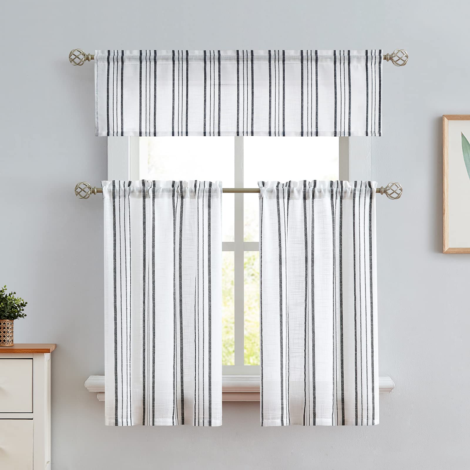 DriftAway Linen Blend Stripe Cafe Curtains - 2 Panels, 36" Length, Rod Pocket, Gray Farmhouse Style For Kitchen Bathroom