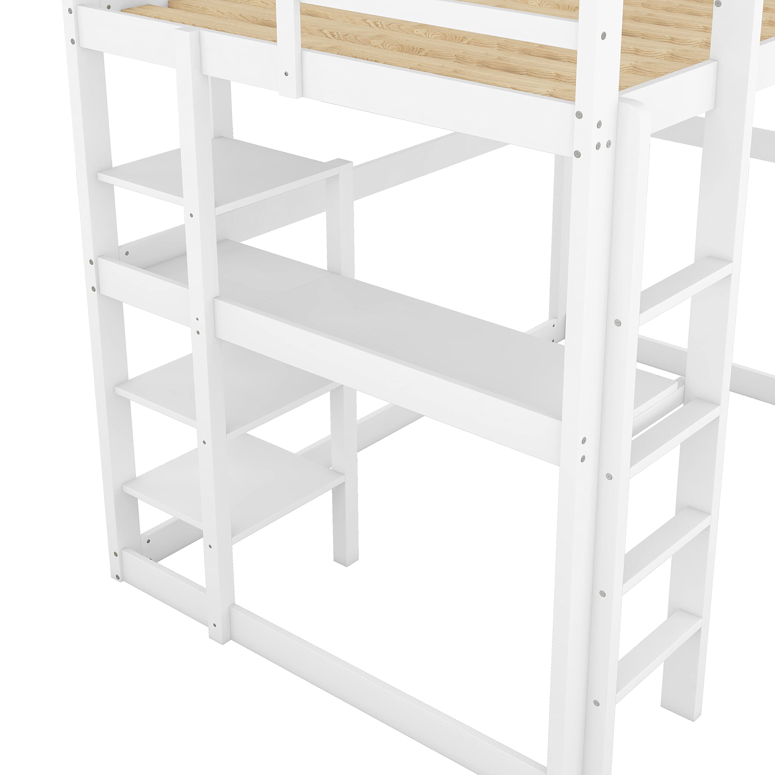 140 x 200 cm, letto a soppalco con vano portaoggetti, completamente in pino, con 4 ripiani e una scrivania (bianco), WX000122