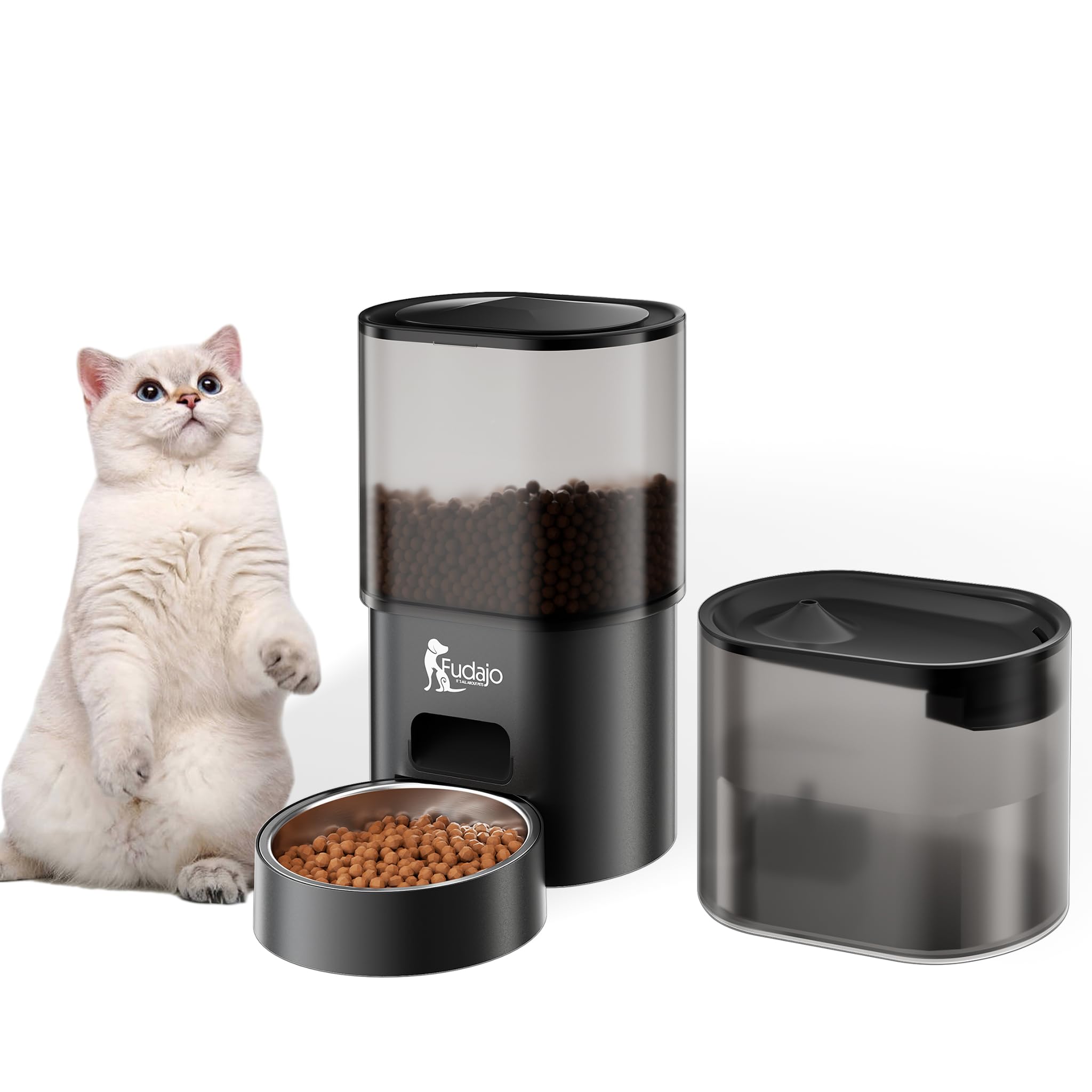 Fudajo Futter- und Trinkautomat für Katzen & Hunde in Schwarz, 3 L Futterspender und 2,5 L Trinkbrunnen, Fütterung mit App-Steuerung für Trockenfutter