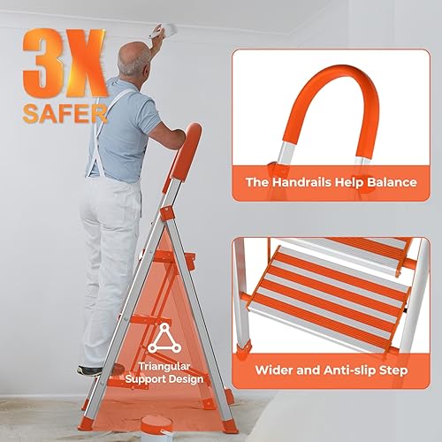 Miniatura 4 de LUISLADDERS Taburete de 3 escalones, escalera plegable y ligera, antideslizante de aluminio con agarre de goma, capacidad de 350 libras, escaleras