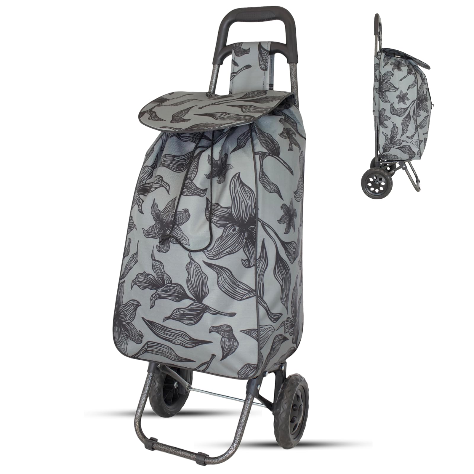 Lightweight 2 Wheel Shopping Trolley Cart 35L – Grey Lilly Foldable Grocery Cart with Strong Metal Frame, Water-Resistant Bag & Smooth Rolling Wheels – 94cm
