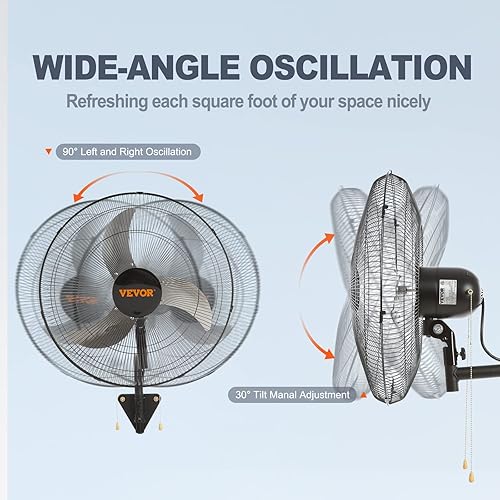 Miniatura 4 de VEVOR Ventilador de pared de 20 pulgadas oscilante, 3 velocidades de alta velocidad máx. 4650 CFM ventilador de pared industrial para interiores,