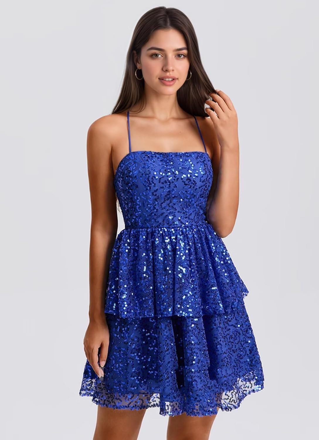 YUAOHUANG Spaghetti Strap Sequin Homecoming Dress 2025 Short Tiered Cocktail Dresses for Women