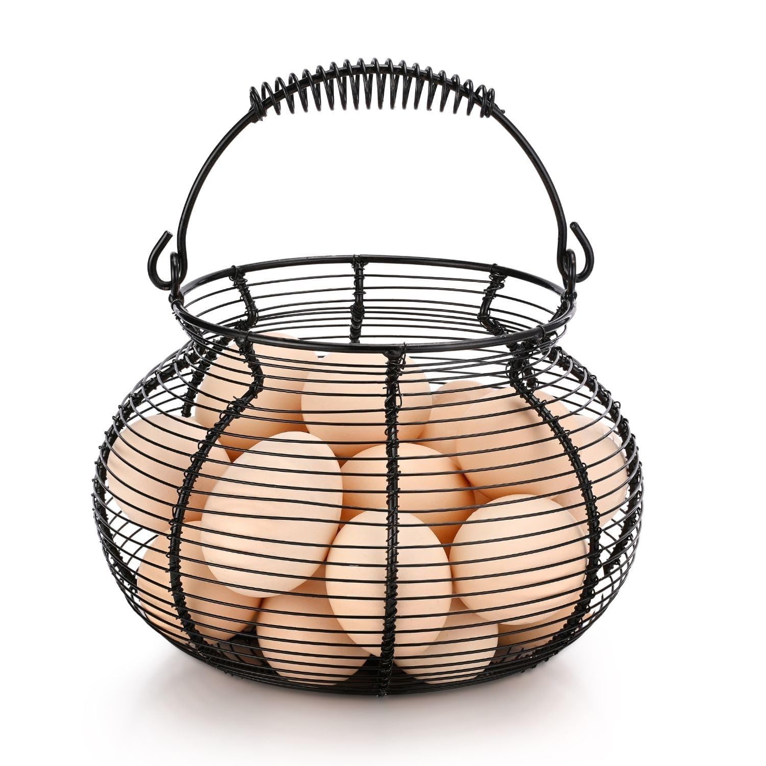 Flexzion Round Wire Basket - Chicken Egg Holder & Fruit/Vegetable Basket, Black, Rustic Farmhouse Decorative Egg Storage with Handle