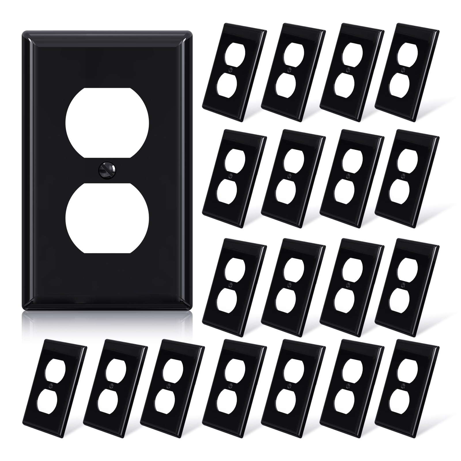 ELEGRP Duplex Receptacle Outlet Covers, 1-Gang Standard Size Wall Plates, Unbreakable Polycarbonate Dual Outlet Faceplates Covers, UL Listed, Color-matched Screws Included (20 Pack, Glossy Black)