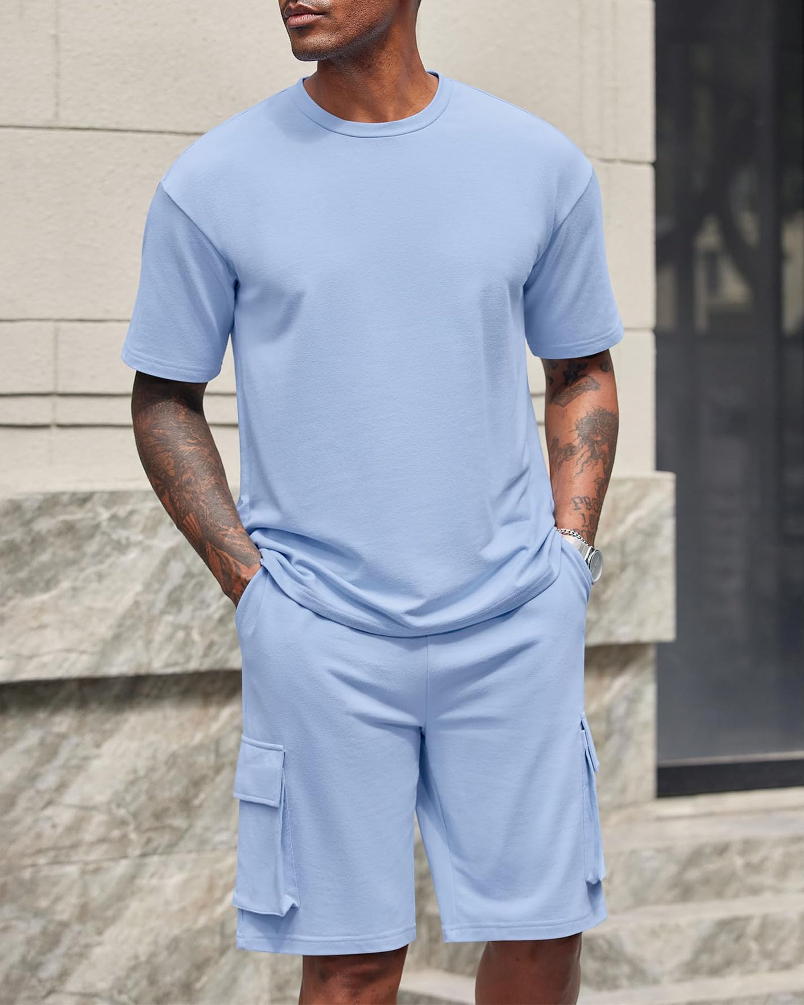 Conjunto de Verano Hombre 2 Piezas Chándal Camiseta Manga Corta Pantalones Cortos Cargo
