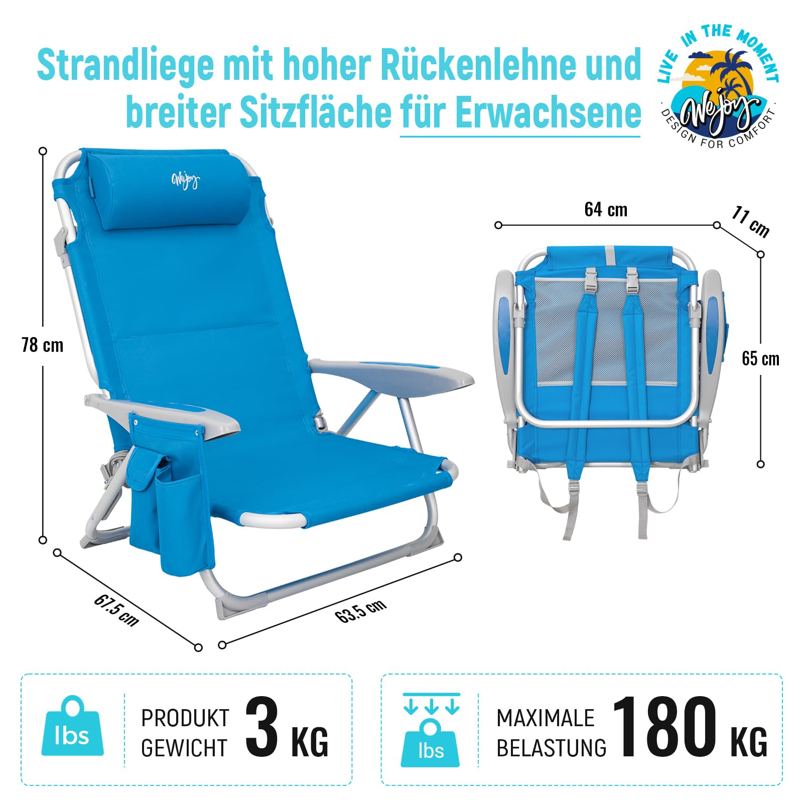 #WEJOY Strandstuhl klappbar Alu Hochlehner Klappstuhl 4 Position Leicht tragbar Stark stabil Campingstuhl Lay Flat Chair Max Hold bis 120kg / 265 lbs