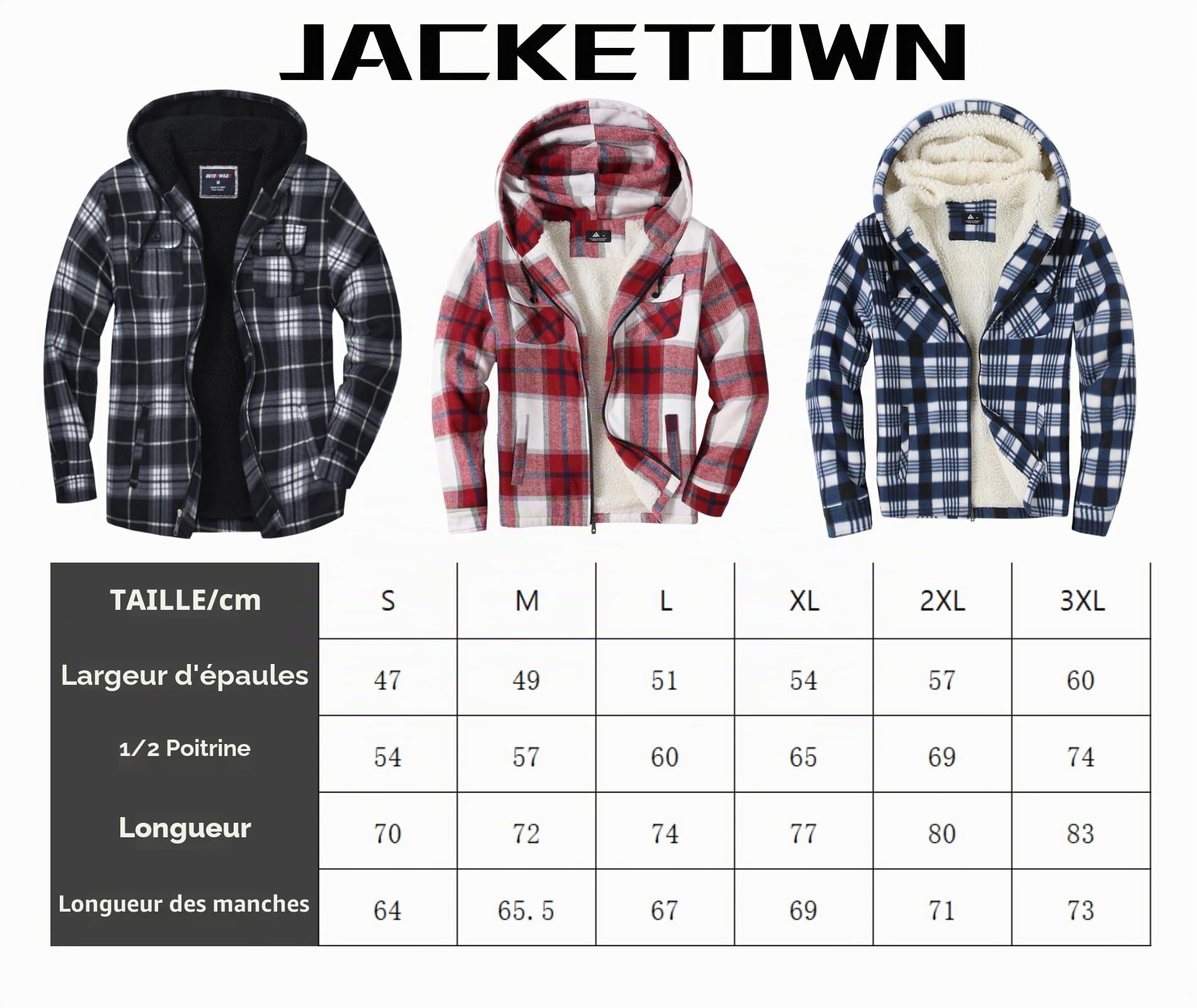 JACKETOWN Veste Polaire Homme Avec Capuche Chemise En Flanelle à Carreaux Veste Mi-Saison Chaude Doublée Manteau Décontracté Avec Poches Idéale Pour L’automne Et L’hiver