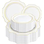 WDF 100PCS White and Gold Plastic Plates - Gold Disposable Plates - Include 50 Dinner & 50 Dessert Plate for Party - Heavy Duty Fancy Plastic Plate for Wedding/Thanksgiving/Bridal shower