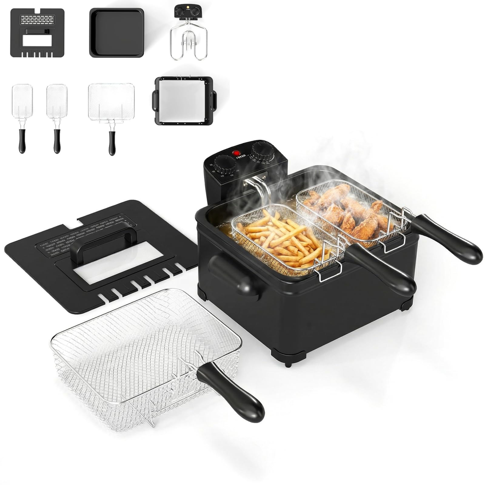 TANGZON 3L/5L Deep Fat Fryer, 2000W Deep Fryers with Adjustable Temperature, Viewing Window, Removable Baskets & Cool-Touch Handle, Easy Clean Electric Fryer for Chicken Shrimp Chips (5L, 3 Baskets)