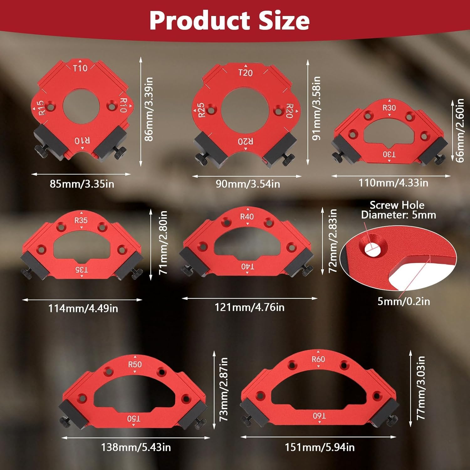 7 Pezzi Modello per Raggio d'angolo del Router, Modelli di Router Fresatura in Lega di Alluminio, per La Lavorazione del Legno R10 R15 R20 R25 R30 R35 R40 R50 R60 T10 T20 T30 T35 T40 T50 T60