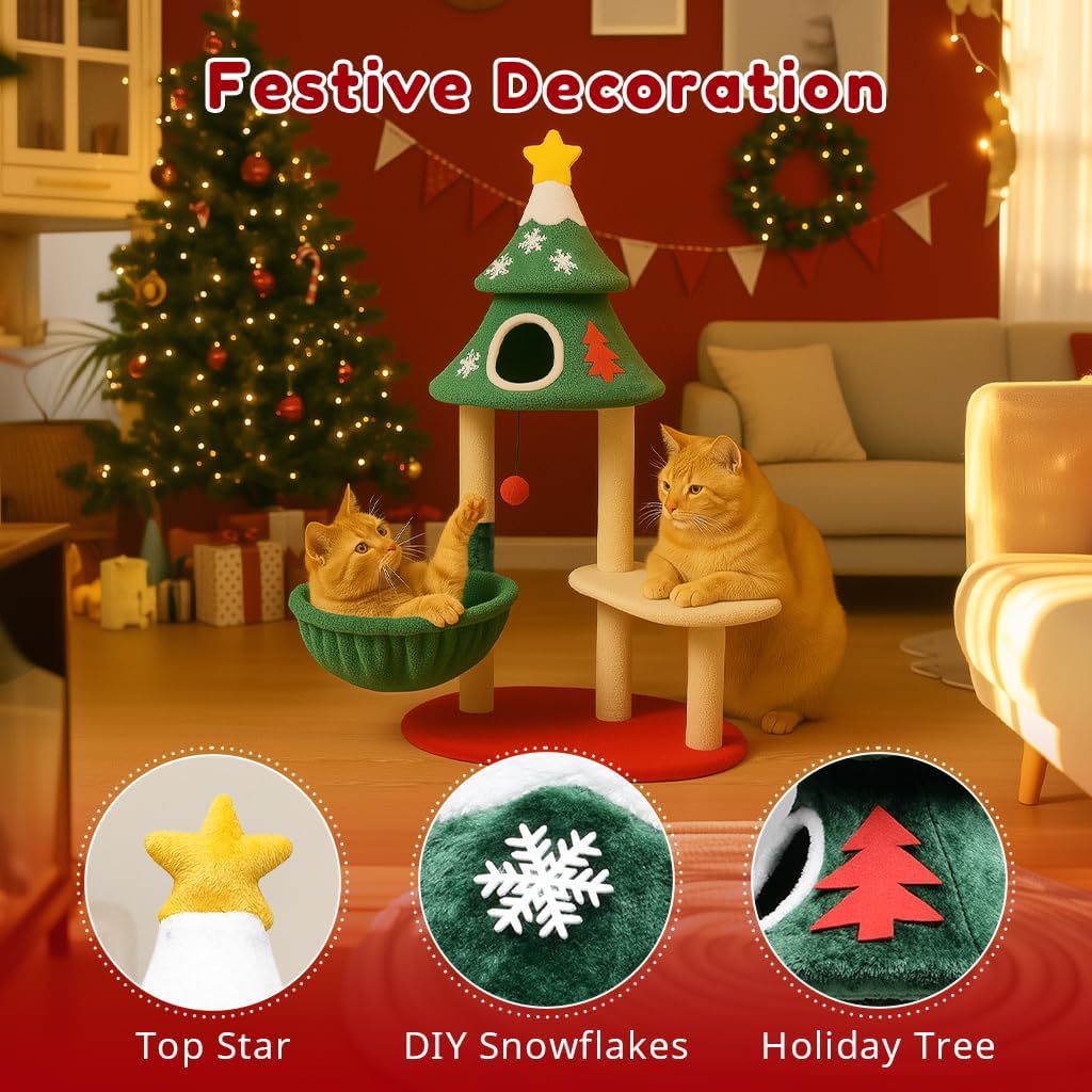 LUCKLIFE 48" Christmas Cat Tree with 2 Cozy Houses,Indoor Modern Cats Tower with Anti-Tip Kit,Plush Perches & Hanging Balls,Holiday Cat Climbing Furniture for Kittens to Play and Sleep