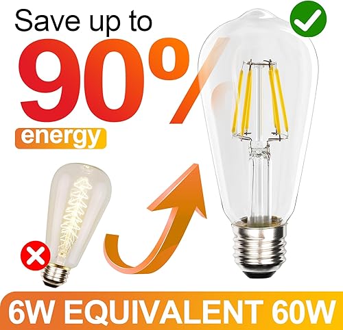 Miniatura 4 de PUIPUM Edison - Bombilla LED Edison vintage de 6 W, equivalente a 60 W LED ST58, bombillas incandescentes blanco cálido 2700 K, E26, 80CRI, 700