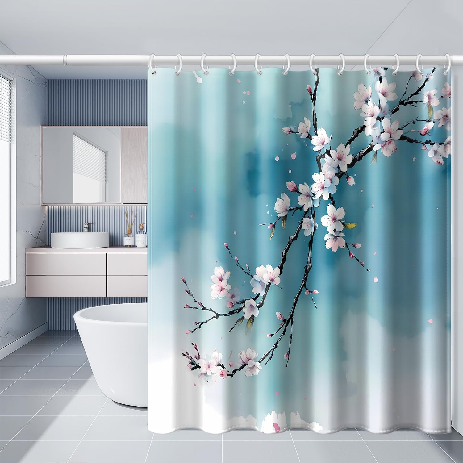 GLKSDLPO 1pc Blend Blue Pink Peach Print Shower Curtain with Hooks Windows And Walls Bathtub Bathroom Home Decoration Shower Curtain(91x210cm/36x83in(WxH))