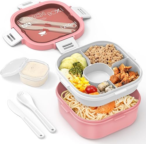Caja bento, contenedor apilable para ensalada, bandeja Bento versátil de 4 compartimentos, cuchara y tenedor reutilizable, apto para lavavajillas,