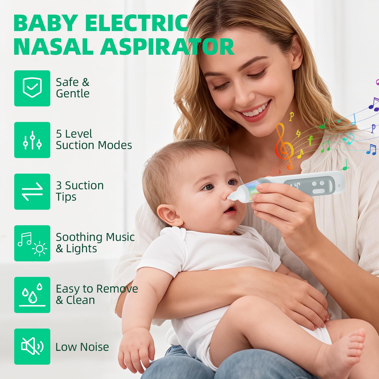 Aspirateur nasal pour nouveau-nés – Aspirateur nasal pour bébés et jeunes enfants avec 5 niveaux d'aspiration réglables et 3 embouts en silicone, fonction musicale et lumières LED - 2