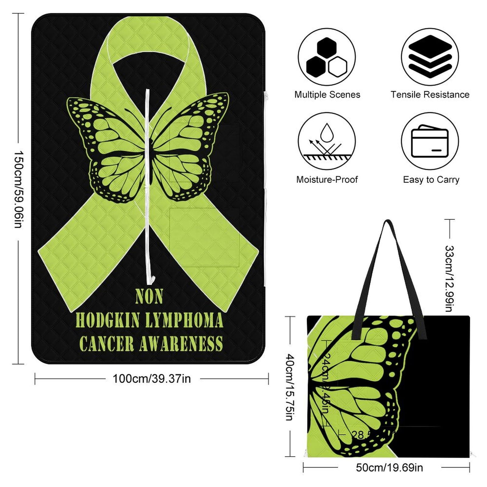 generic Non Hodgkin Lymphoma Cancer Awareness 1 Picnic Blankets,Portable Waterproof Foldable Picnic Mat,Sandproof Outdoor Mat for Park Picnic Blanket Accessories for Adults