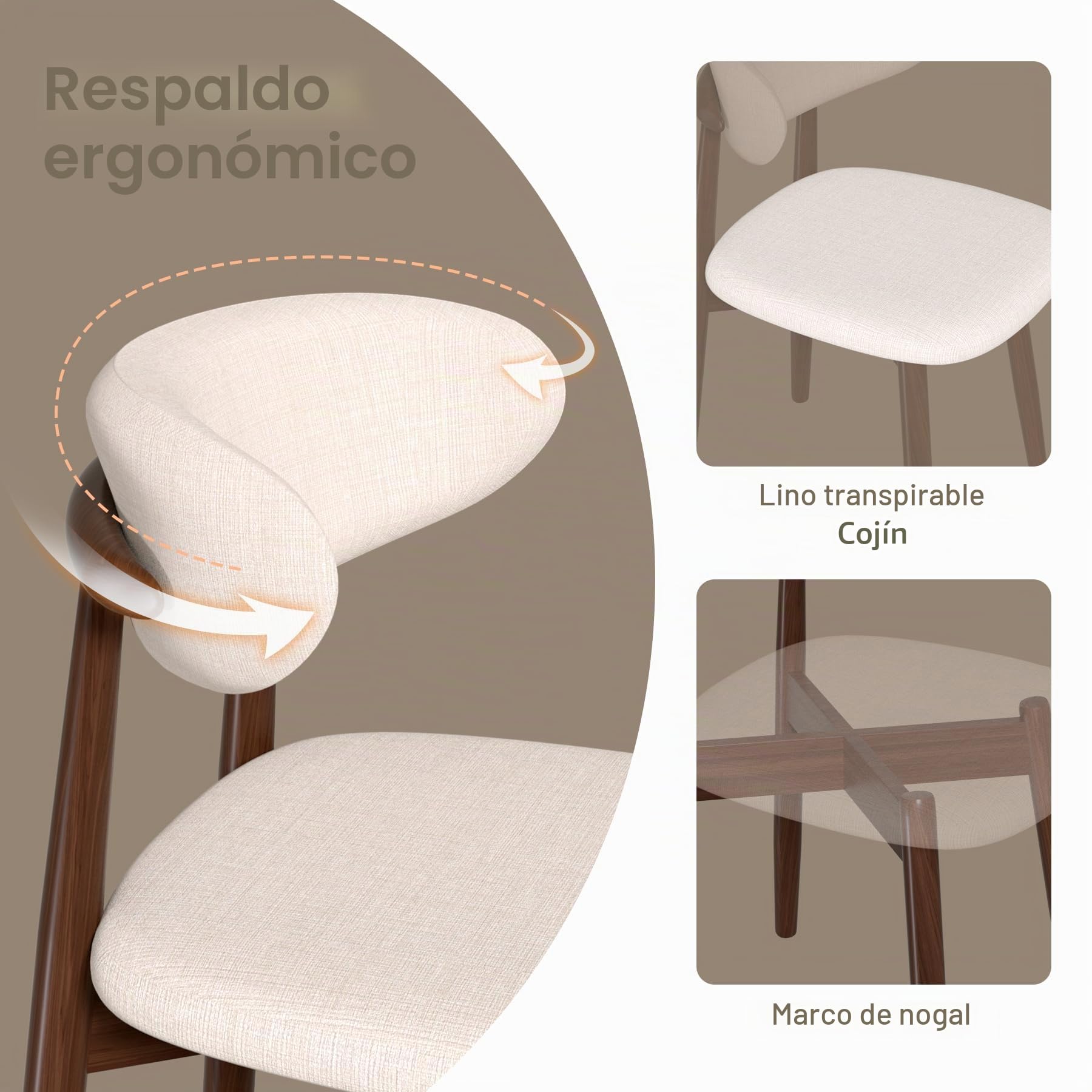 Takumi∞X Sillas de Comedor Pack 4 Cadeiras Sala Jantar Sillas Salon de Comedor Modernas Sillas de Comedor de Madera Nordica Sillas de Cocina Tela de Lino Tapizadas Sillas de Comedor
