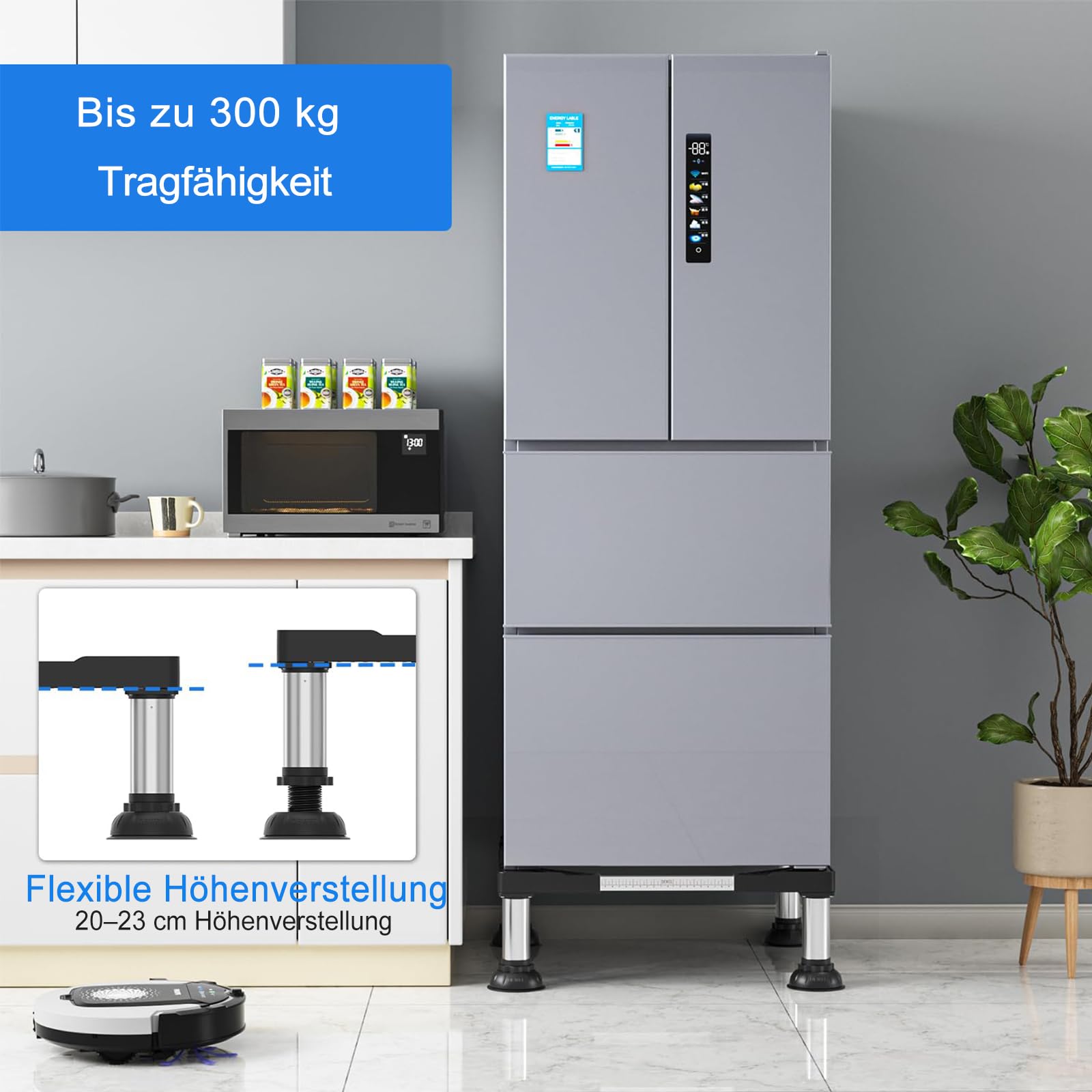 DEWEL 4 Füße Kühlschranksockel,podest für waschmaschine und trockner,Waschmaschinen Untergestell,Bärenlast 300kg,Geeignet für Kühlschränke,Waschmaschinen(Breite:30-60cm/Höhe 17cm-19cm)