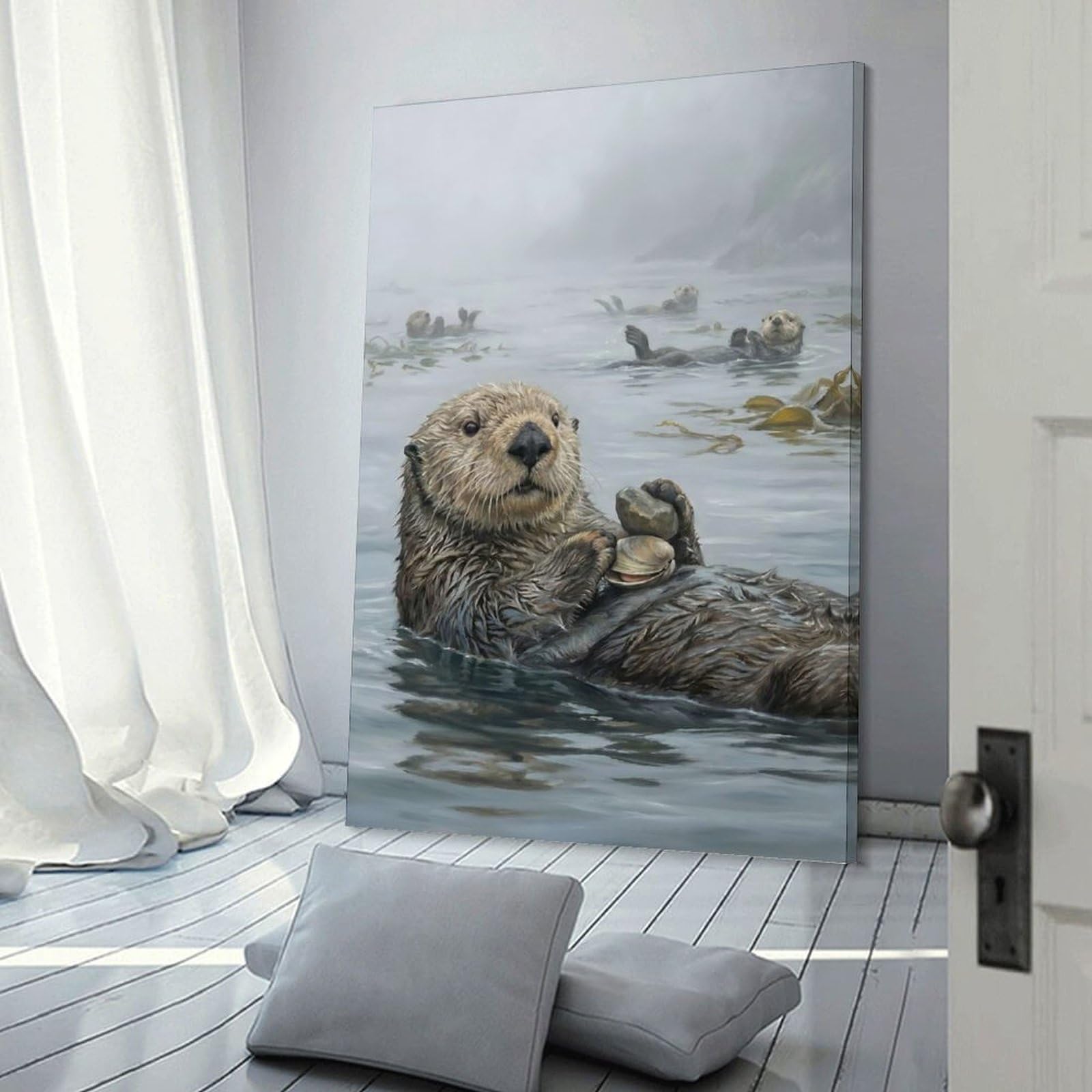 Junmoney Sea Otters in Misty Waters Wall Art Print 16x24inch(40x60cm), for Art Walls, Layered Displays Or Homes, Wall Decor Suited to Curated Displays