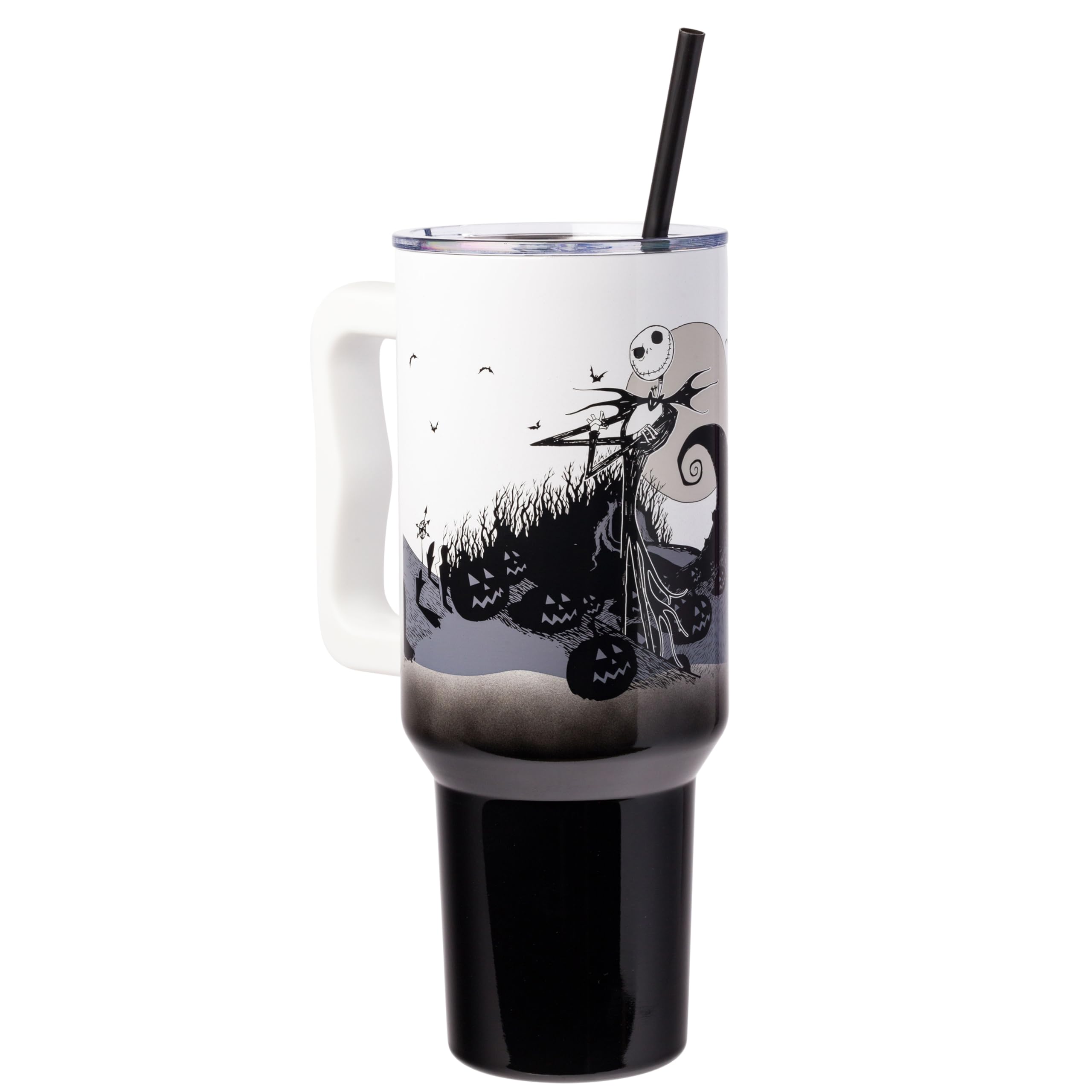 Silver Buffalo Nightmare Before Christmas Jack BW Spiral Hill Pose Stainless Steel Tumbler w Handle, 40 Ounces