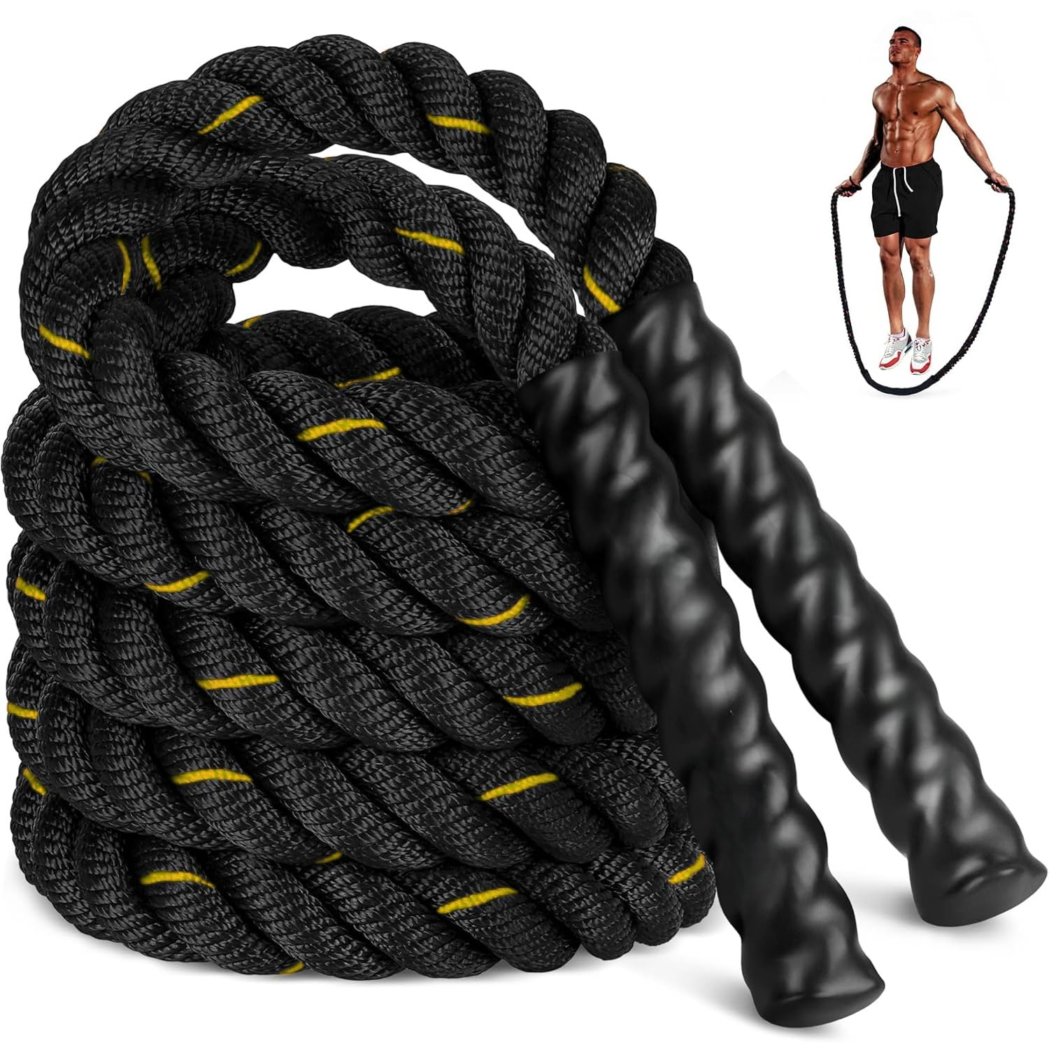 Jump Rope, 2.8lb Weighted Jump Rope for Fitness, 2.8M Length 25MM Diameter Heavy Exercise Jumping Ropes, Adult Skipping Rope Improve Strength, Building Muscle, Home Workout Equipment, Yellow — image 1